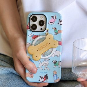 Blue dog print iPhone case with biscuit holder held beside a wine glass