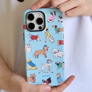 Sky blue dog print iPhone case without the holder, held in two hands