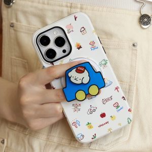 Fingers gripping the blue car holder on the doodle print case