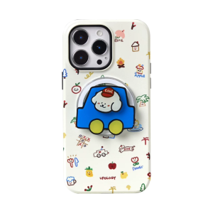 Blue Car iPhone case in cream doodle print with a blue car MagSafe holder