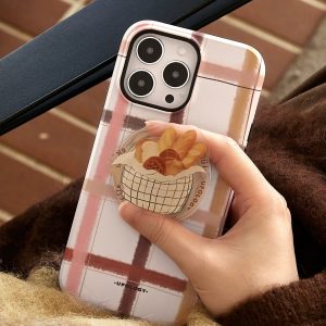 Bread basket grip on the back of a pink and brown plaid phone case