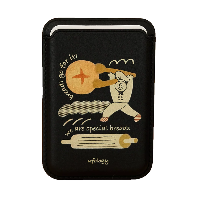 Bread MagSafe wallet, a black card wallet with a baker carrying a baguette in cream line art