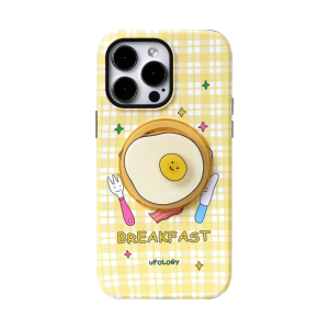 Breakfast iPhone case in yellow check with a fried egg MagSafe holder