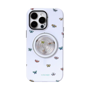 Butterflies iPhone case in pale lilac with a clear round MagSafe holder