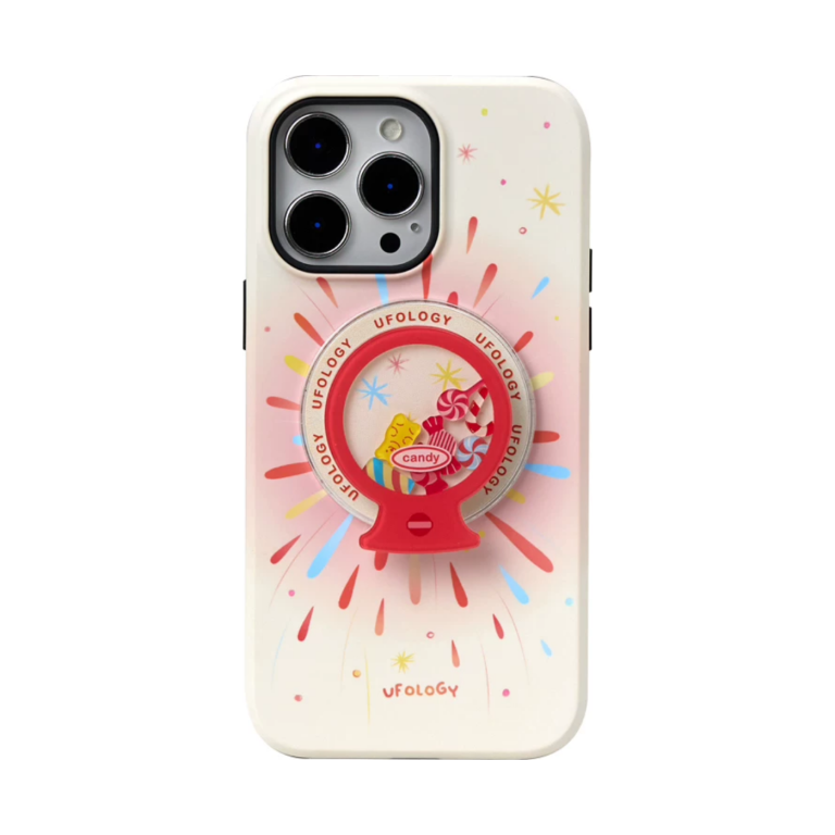 Candy Machine iPhone case in cream with a red gumball machine MagSafe holder
