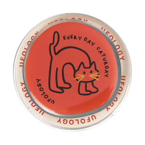 Caturday cat MagSafe phone grip, a black line cat stretching on a red Every Day Caturday disc