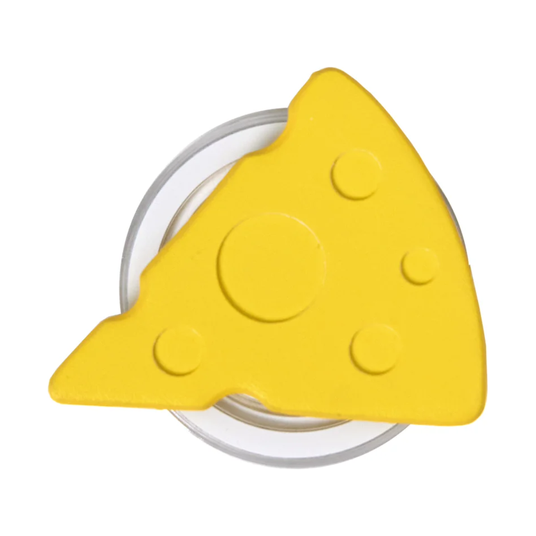 Cheese MagSafe phone grip, a yellow wedge of cheese with round holes on a clear base
