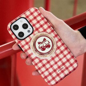Cherry grip on the back of a red and cream gingham phone case