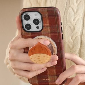 Chestnut grip on the back of a red plaid phone case