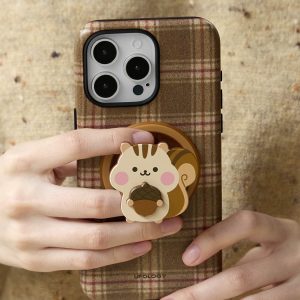 Chipmunk grip on the back of a brown plaid phone case held in two hands