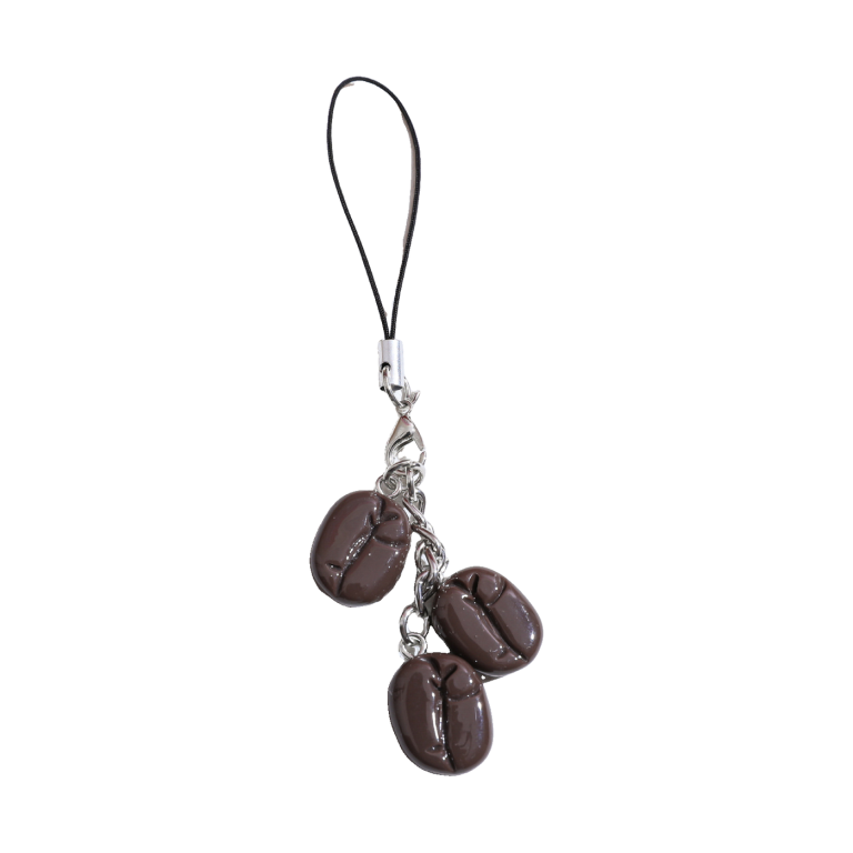 Coffee bean phone charm, three dark brown coffee beans on a short black cord loop