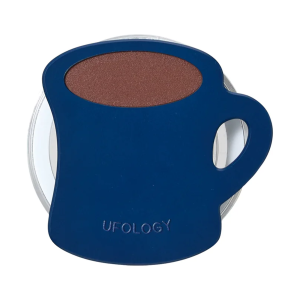 Coffee mug MagSafe phone grip, a navy blue mug of coffee on a clear round magnetic base