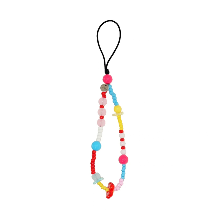 Tidal sea phone charm, a beaded wrist strap in pink, red, blue and yellow with a red flower bead