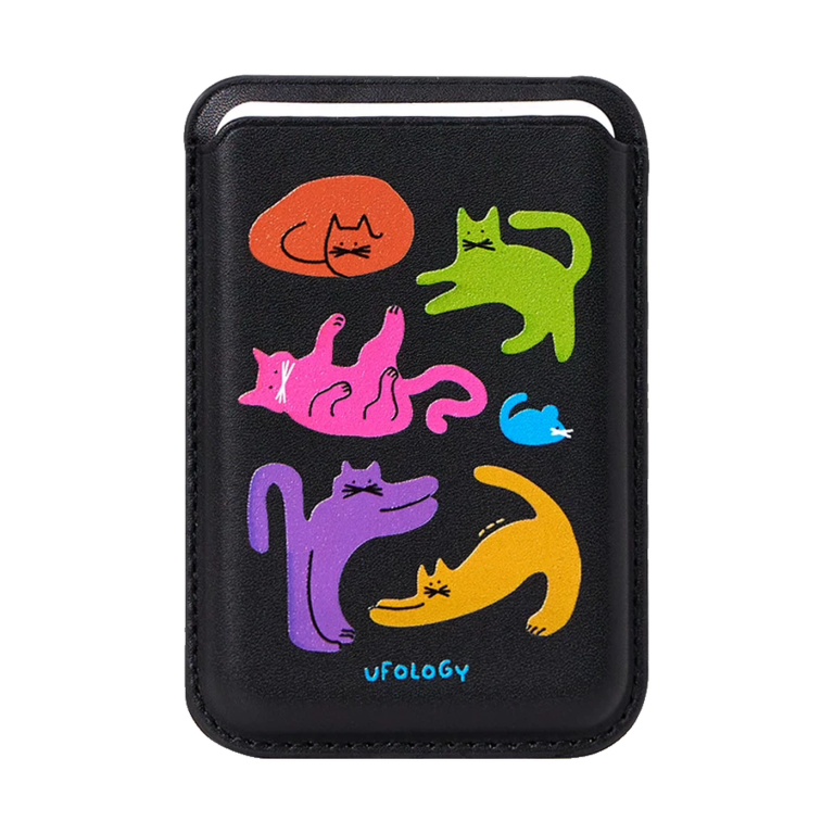 Five cats MagSafe wallet, a black card wallet printed with five bright stretching cats