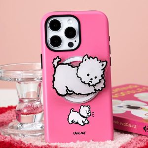 Fluffy dog grip on the back of a hot pink phone case