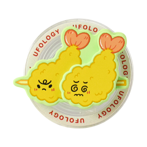 Fried shrimp MagSafe phone grip, two golden fried shrimp with funny faces on a clear base