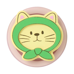 Hooded kitty MagSafe phone grip, a cream cat in a green hood and scarf on a pink base