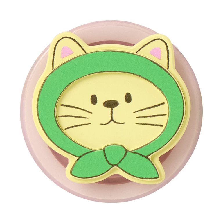 Hooded kitty MagSafe phone grip, a cream cat in a green hood and scarf on a pink base