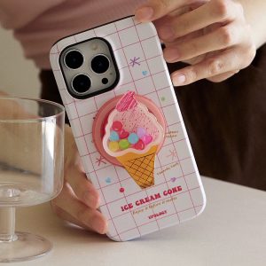 Ice cream grip on the back of a pink grid phone case