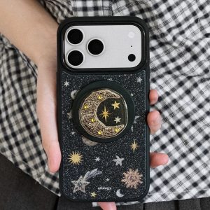 Moon and stars grip on the back of a black starry phone case