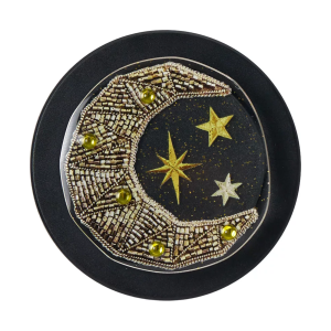 Moon and stars MagSafe phone grip, a beaded golden crescent moon and stars on a black base