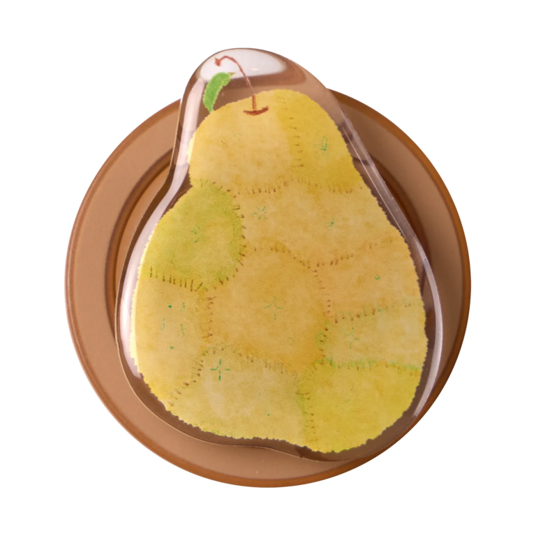 Pear MagSafe phone grip, a yellow-green quilted pear on a round brown base