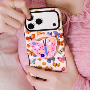 Pink butterfly grip on the back of a case printed with colorful butterflies