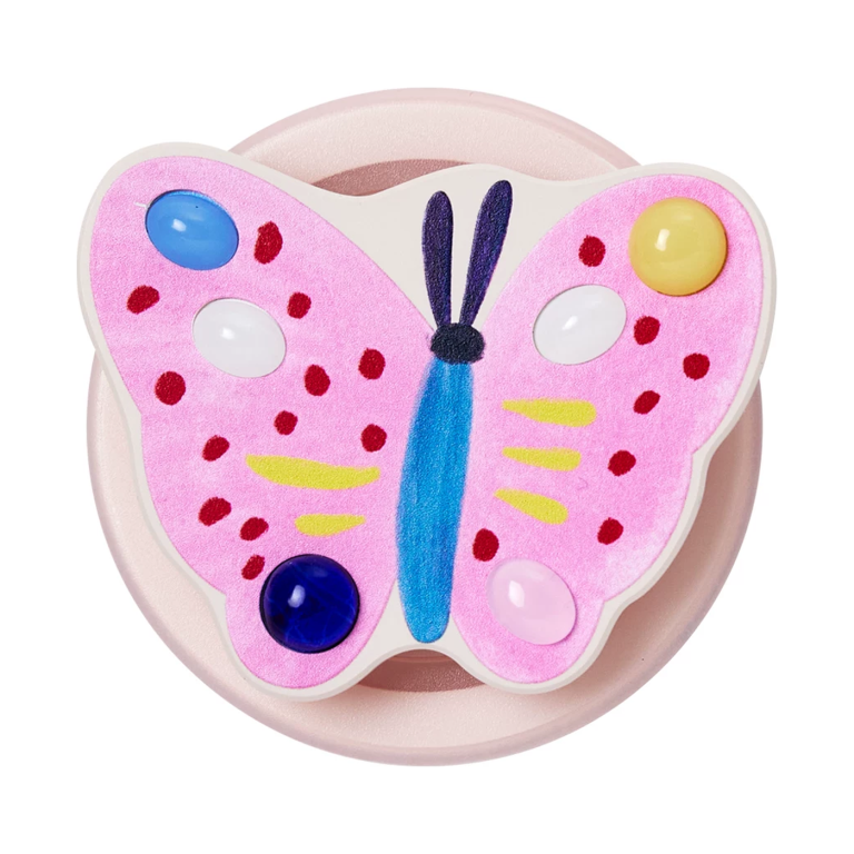 Pink butterfly MagSafe phone grip, a pink butterfly with red dots and a blue body