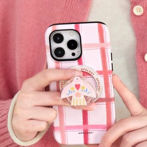 Pink dove grip on the back of a pink plaid phone case