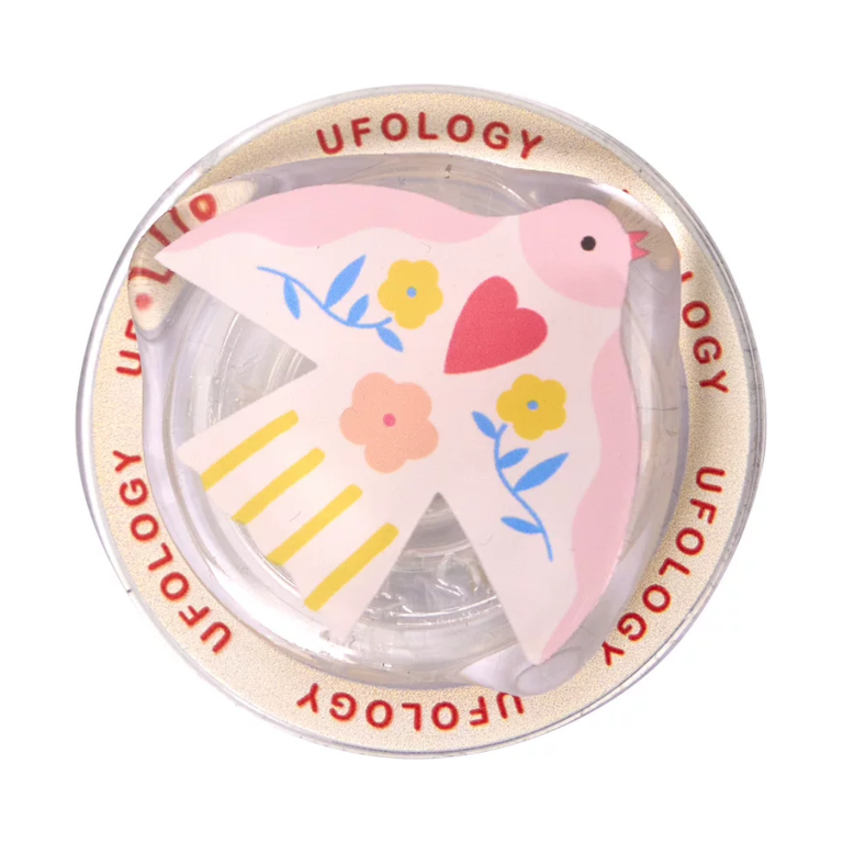 Pink dove MagSafe phone grip, a pink dove with a red heart and small flowers on a clear base