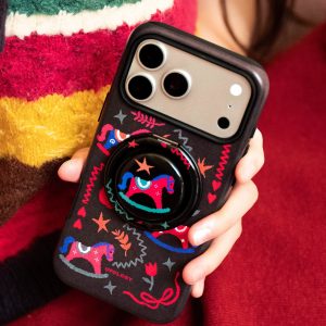 Hands holding a black phone case with the pixel horse grip