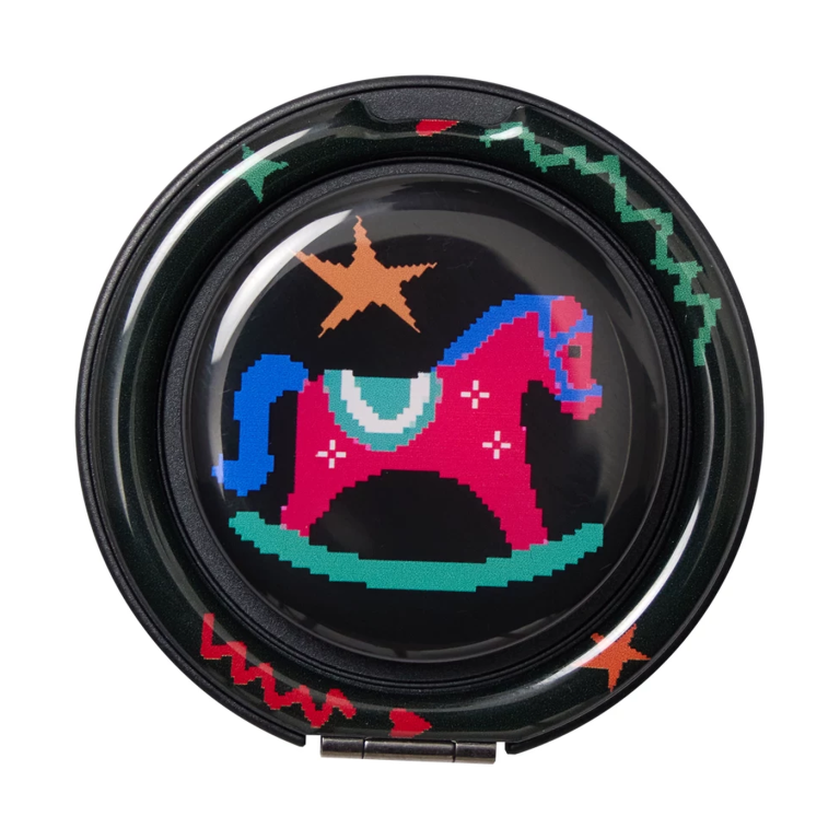 Pixel horse MagSafe phone grip, a pink pixel-art rocking horse on a black ring stand