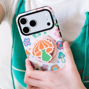 Pixel mushroom grip on a white case printed with colorful mushrooms and flowers