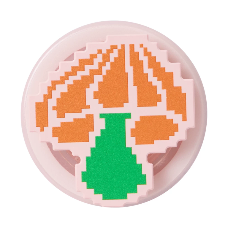 Pixel mushroom MagSafe phone grip, an orange pixel-art mushroom with a green stem on a pink disc