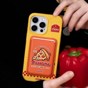 Pizza wallet on a yellow phone case held beside a red pepper