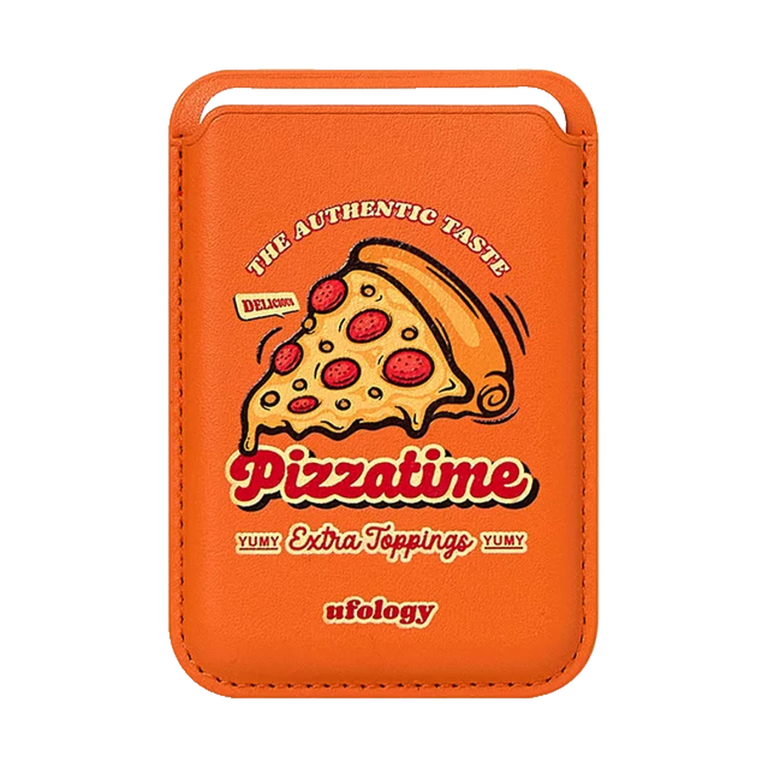 Pizza MagSafe wallet, an orange card wallet with a pizza slice and red Pizzatime lettering