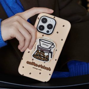 Pour-over coffee grip on the back of a beige coffee phone case