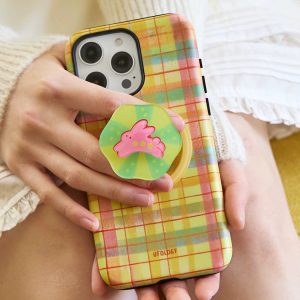 Rabbit flower grip on the back of a yellow plaid phone case