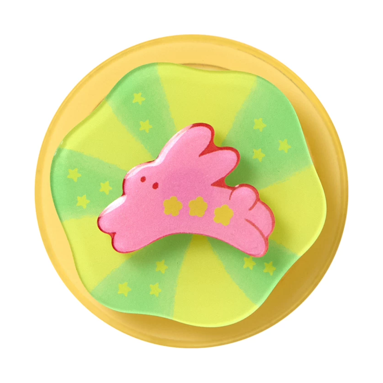 Rabbit flower MagSafe phone grip, a pink leaping rabbit on a lime green flower base