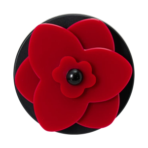 Red blossom MagSafe phone grip, a deep red flower with a black bead center on a black base