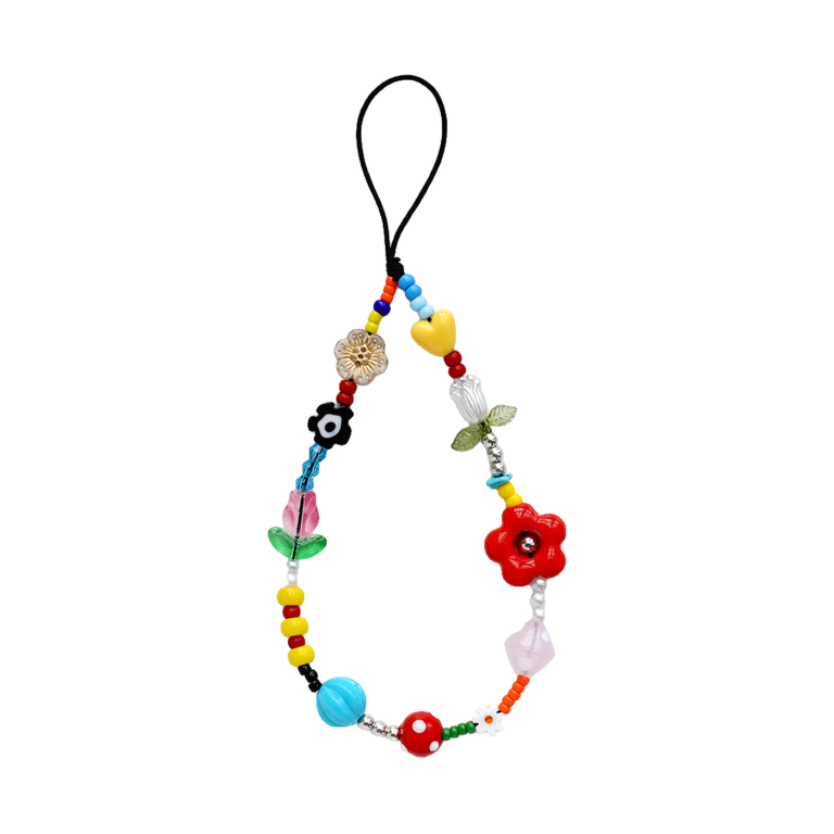 Red flower phone charm, a beaded wrist strap with a red flower and colorful beads on a black cord