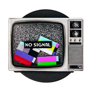 Retro TV MagSafe phone grip, a silver vintage television showing No Signal and color bars
