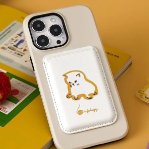 Sad cat wallet attached to the back of a cream phone case