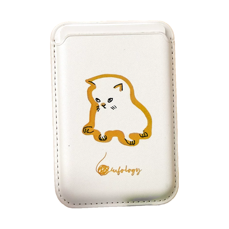 Sad cat MagSafe wallet, a cream card wallet with a gloomy golden-brown outline cat