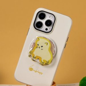 Sad cat grip on the back of a cream phone case