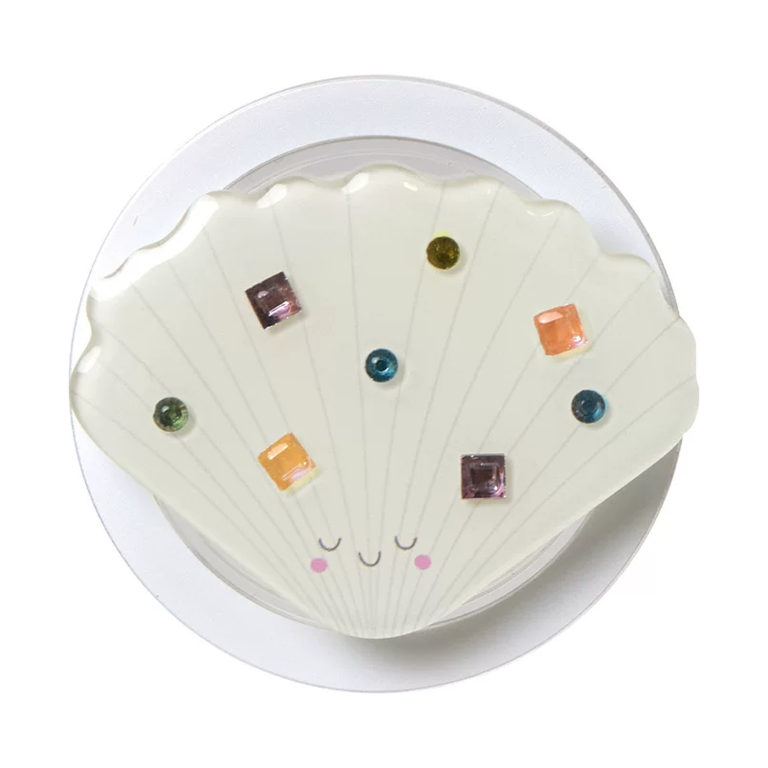 Seashell MagSafe phone grip, a white scallop shell with small colored stones on a clear base