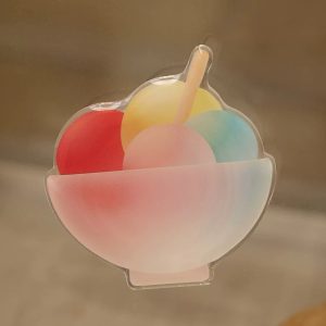Shaved ice grip standing on a wooden table