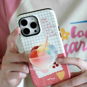 Shaved ice grip on the back of a white grid phone case