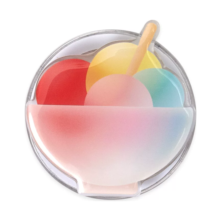 Shaved ice MagSafe phone grip, a frosted bowl of red, yellow and blue shaved ice with a spoon