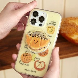 Smiling bun grip on the back of a pale yellow bakery phone case